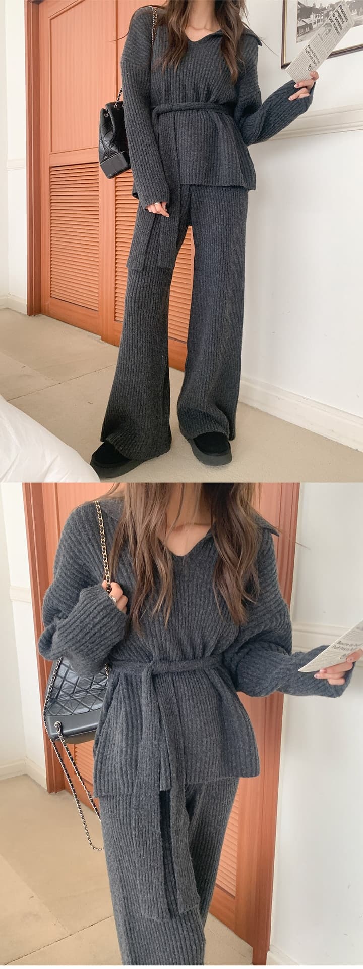 한국 가을 겨울 느긋한 바람 단색 V넥 느긋한 루즈핏 스웨터 미니멀리즘 다용도 캐주얼 바지 투피스 슈트 상세 이미지 5