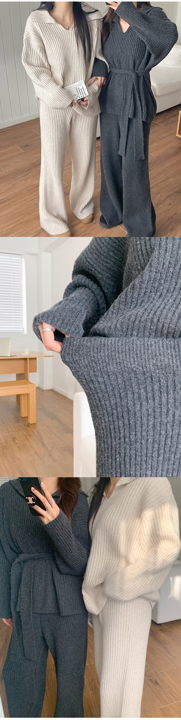 한국 가을 겨울 느긋한 바람 단색 V넥 느긋한 루즈핏 스웨터 미니멀리즘 다용도 캐주얼 바지 투피스 슈트 상세 이미지 9