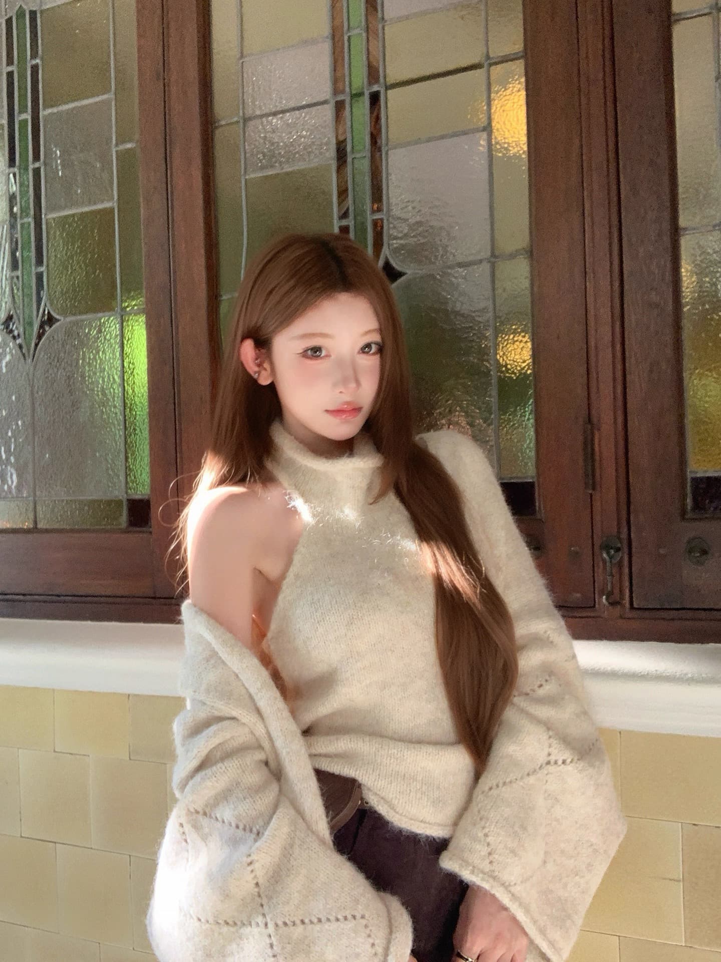 순수한 욕망 부드러운 바람 베이지 색 오프숄더 니트 스웨터 오픈 가디건 가을 겨울 루즈핏 느긋한 바람 스웨터 투피스 슈트 상세 이미지 5