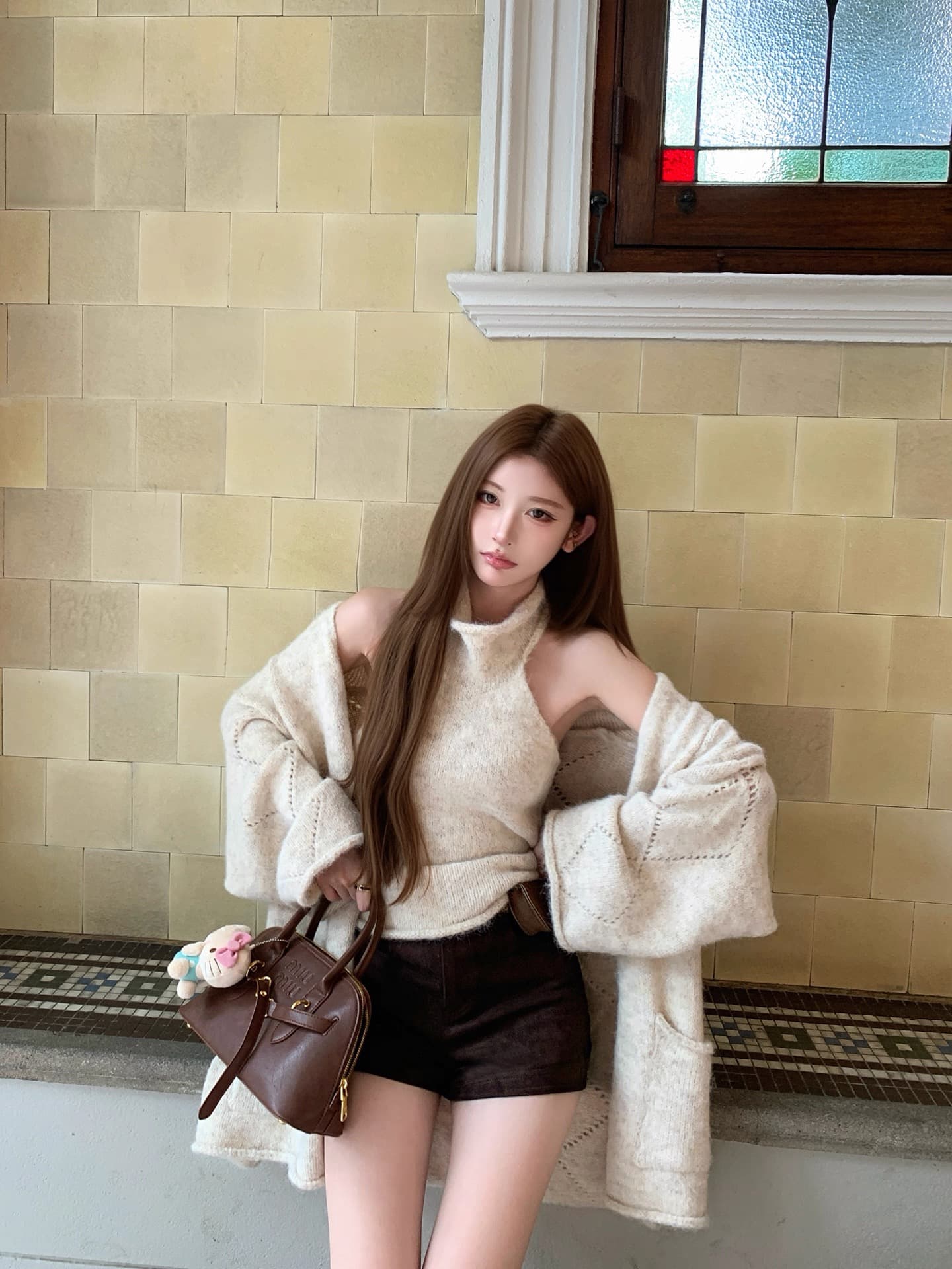 순수한 욕망 부드러운 바람 베이지 색 오프숄더 니트 스웨터 오픈 가디건 가을 겨울 루즈핏 느긋한 바람 스웨터 투피스 슈트 상세 이미지 7