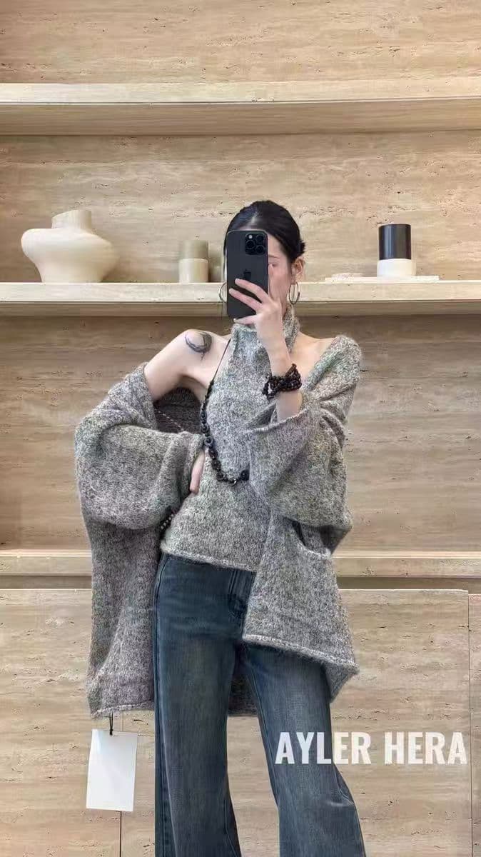 순수한 욕망 부드러운 바람 베이지 색 오프숄더 니트 스웨터 오픈 가디건 가을 겨울 루즈핏 느긋한 바람 스웨터 투피스 슈트 상세 이미지 4