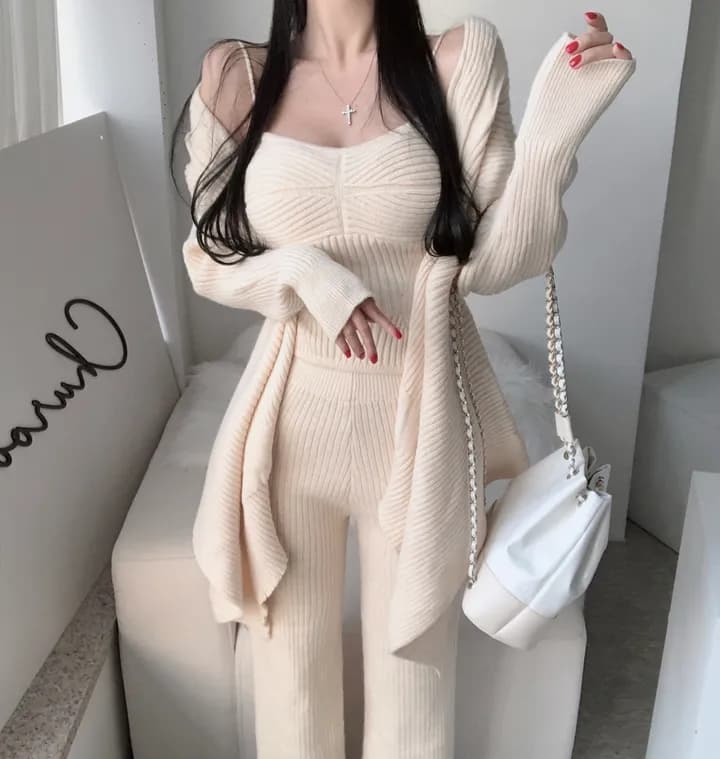 순수한 욕망 코디 에이즈 환자 여성 세트 한국 두꺼운 스웨터 오픈 가디건 만나는 슬립 높은 허리 바지 니트 세 조각 세트 상세 이미지 28