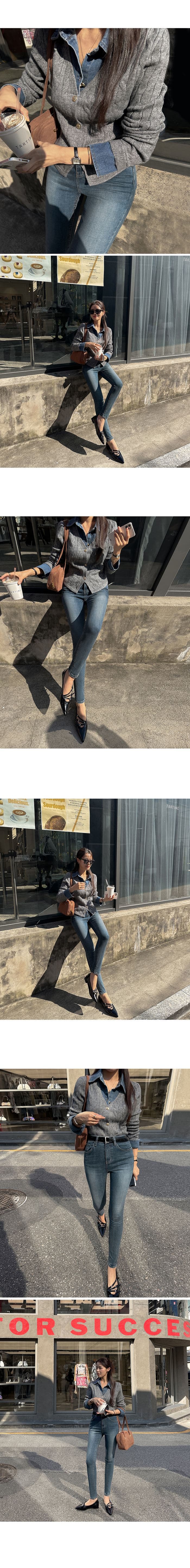 2026 가을 새로운 한국 스타일 데님 폴로 칼라 패치워크 페이크 레이어드 긴팔 꽈배기 니트 스웨터 여성 품격 다용도 스웨터 상세 이미지 2
