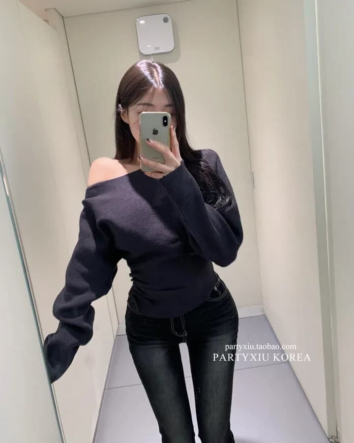 한국 chic 이른 가을 디자인 센스 주름 단추 허리 수축 슬림해 보이는 보트넥 오프숄더 긴팔 니트 스웨터 맨위 여성 상세 이미지 18