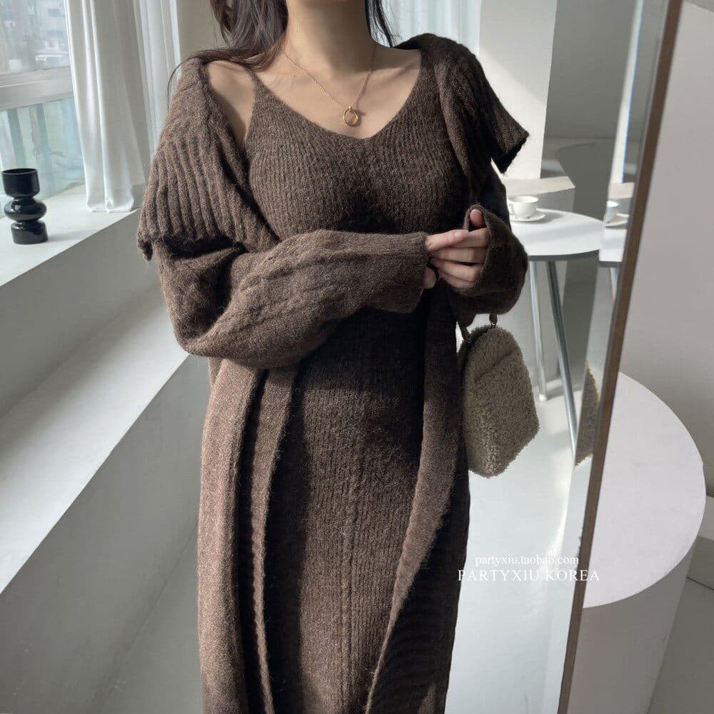 한국 스타일 느긋한 루즈핏 롱 코트 폴로 칼라 카디건 코트 스웨터 몸매 가꾸기 슬립 드레스 투피스 슈트 상세 이미지 26