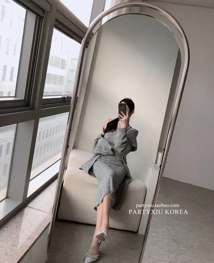 한국 스타일 느긋한 루즈핏 롱 코트 폴로 칼라 카디건 코트 스웨터 몸매 가꾸기 슬립 드레스 투피스 슈트 상세 이미지 30