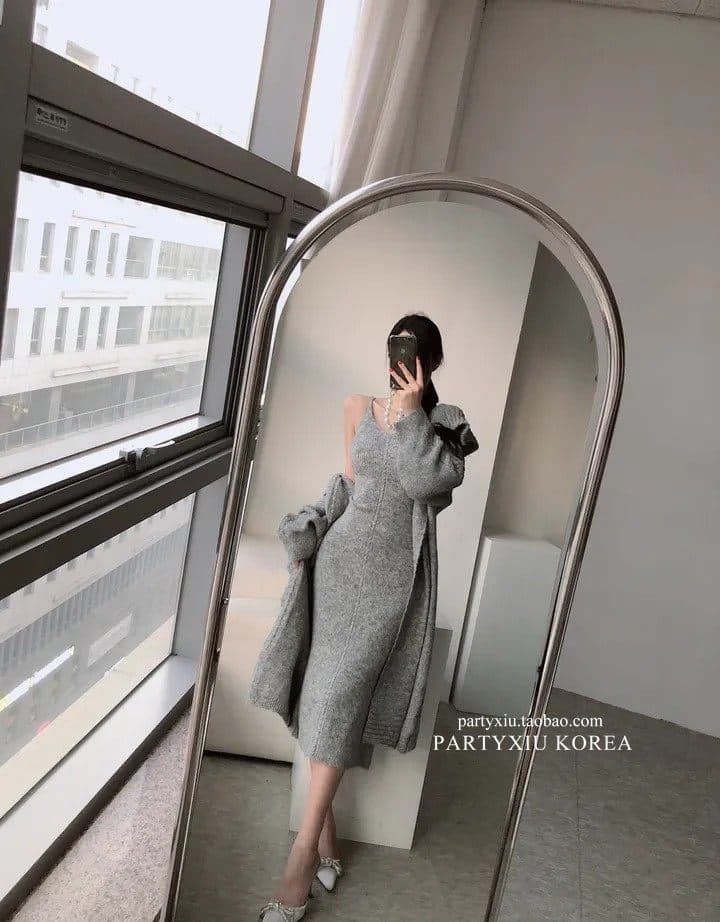 한국 스타일 느긋한 루즈핏 롱 코트 폴로 칼라 카디건 코트 스웨터 몸매 가꾸기 슬립 드레스 투피스 슈트 상세 이미지 34