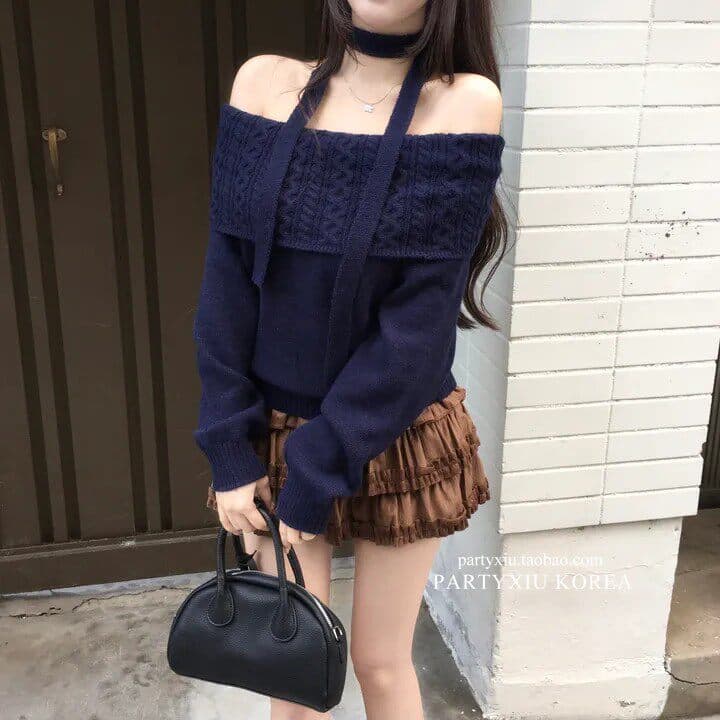 송 긍정적 인 En 블루 색상 오프숄더 스웨터 여자 가을 겨울 한 부서 몸매 가꾸기 슬림해 보이는 니트 스웨터 고급 센스 단색 맨위 이미지 2