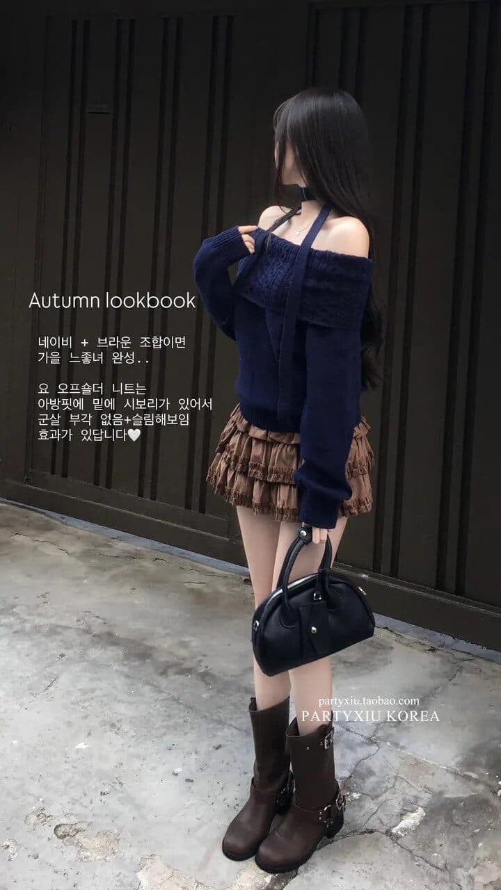 송 긍정적 인 En 블루 색상 오프숄더 스웨터 여자 가을 겨울 한 부서 몸매 가꾸기 슬림해 보이는 니트 스웨터 고급 센스 단색 맨위 상세 이미지 4
