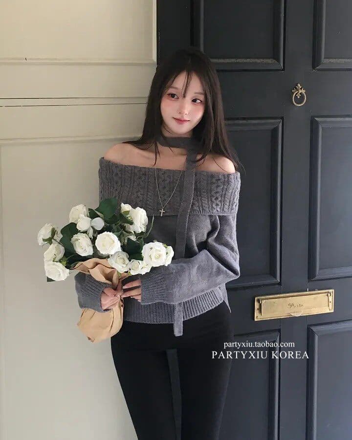 송 긍정적 인 En 블루 색상 오프숄더 스웨터 여자 가을 겨울 한 부서 몸매 가꾸기 슬림해 보이는 니트 스웨터 고급 센스 단색 맨위 상세 이미지 14