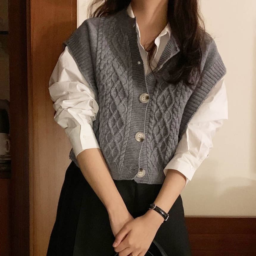 한국 chic 가을 레트로 라운드 넥 마 무늬 민소매 어깨 디자인 쇼트 스타일 니트 조끼 베스트
