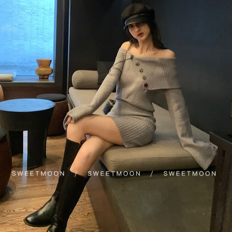 한 부서 2026 가을 새로운 빅 칼라 오프숄더 몸매 가꾸기 나팔 소매 허리 수축 니트 드레스 미니 스커트 스웨터 이미지 4