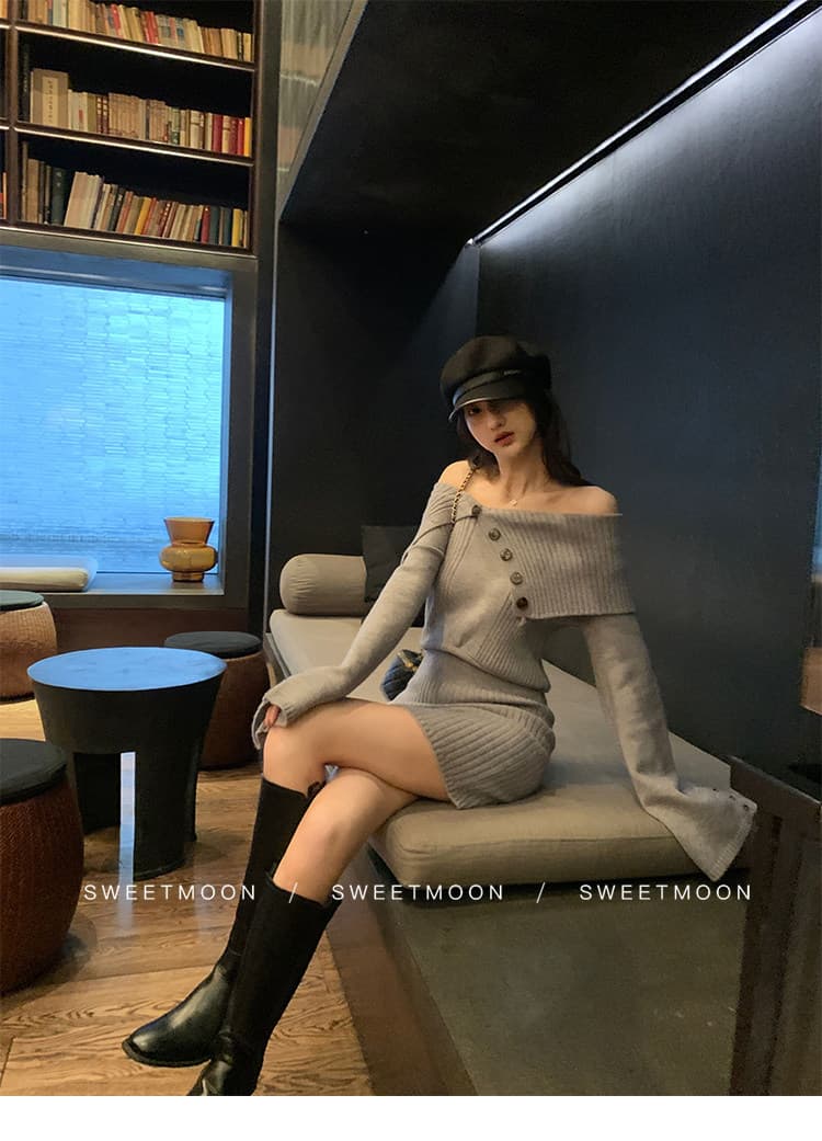 한 부서 2026 가을 새로운 빅 칼라 오프숄더 몸매 가꾸기 나팔 소매 허리 수축 니트 드레스 미니 스커트 스웨터 상세 이미지 6