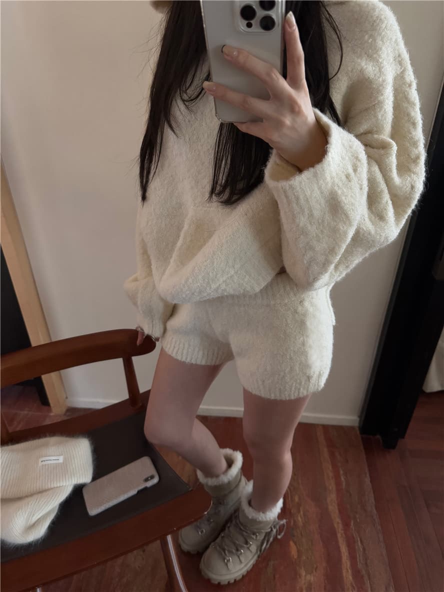 슈퍼 편안함 산호초 플러시 화이트 느긋한 부드러운 찹쌀 루즈핏 느긋한 후드 스웨터 반바지 가정 서비스 투피스 슈트 상세 이미지 3