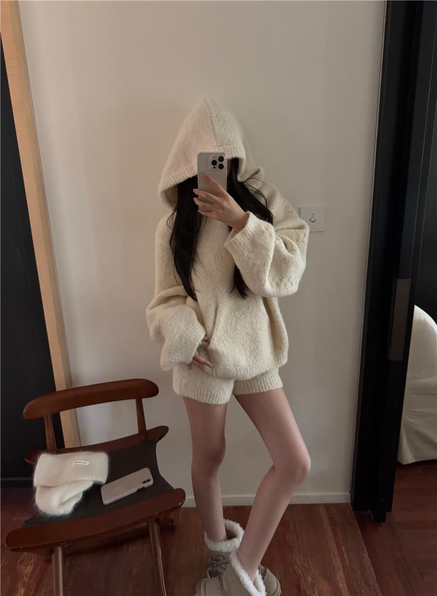 슈퍼 편안함 산호초 플러시 화이트 느긋한 부드러운 찹쌀 루즈핏 느긋한 후드 스웨터 반바지 가정 서비스 투피스 슈트 상세 이미지 7