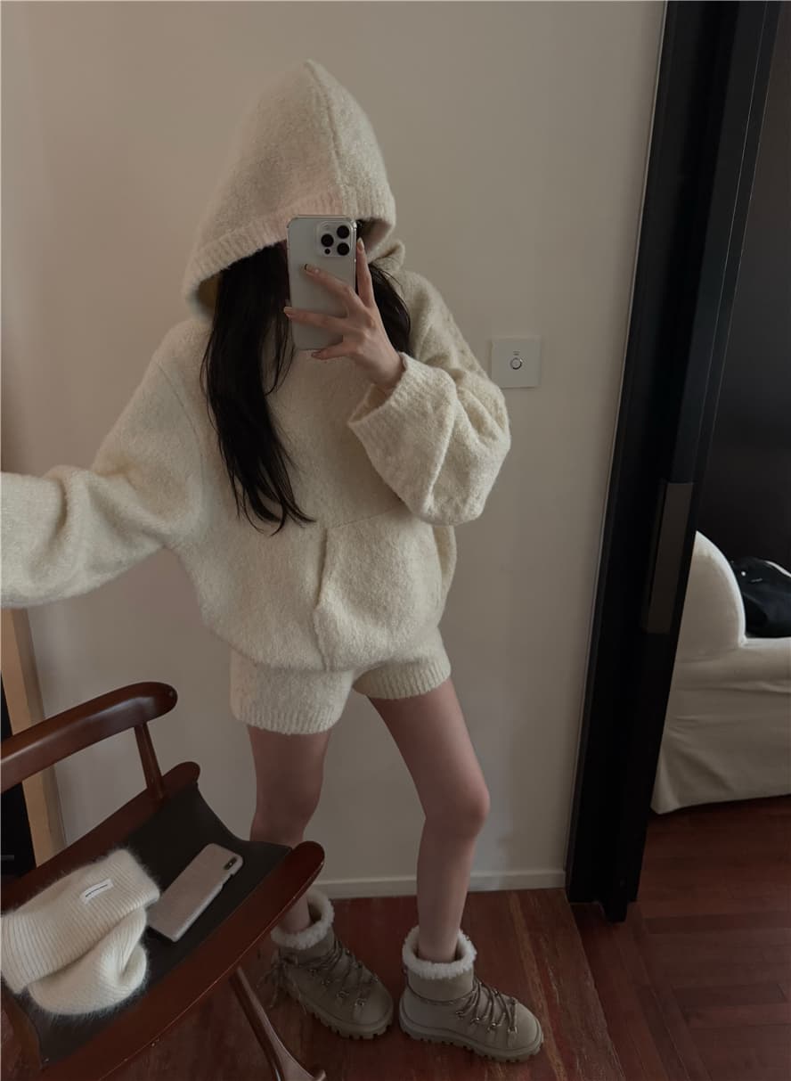슈퍼 편안함 산호초 플러시 화이트 느긋한 부드러운 찹쌀 루즈핏 느긋한 후드 스웨터 반바지 가정 서비스 투피스 슈트 상세 이미지 8