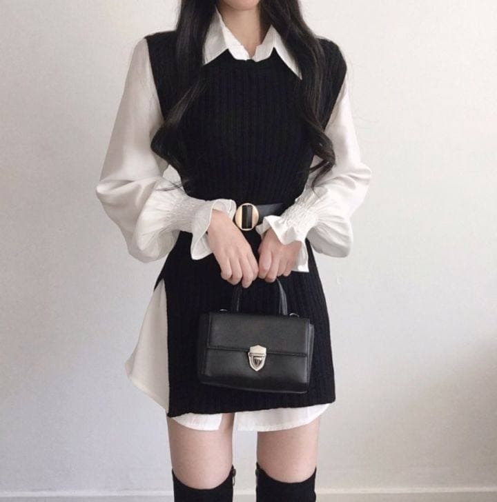 한국 chic 다용도 폴로 칼라 중간 길이 셔츠 드레스 레이스업 허리 수축 불규칙 니트 베스트 두 조각 여성 세트 상세 이미지 7