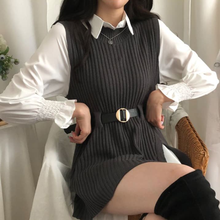 한국 chic 다용도 폴로 칼라 중간 길이 셔츠 드레스 레이스업 허리 수축 불규칙 니트 베스트 두 조각 여성 세트 상세 이미지 15
