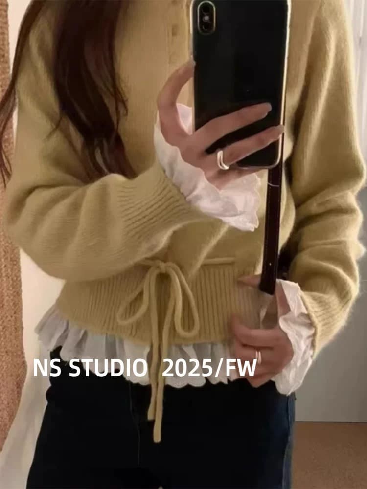 2026 가을 신제품 레이스 조각 색상 몸매 가꾸기 스웨터 작은 열림 셔츠 상세 이미지 12