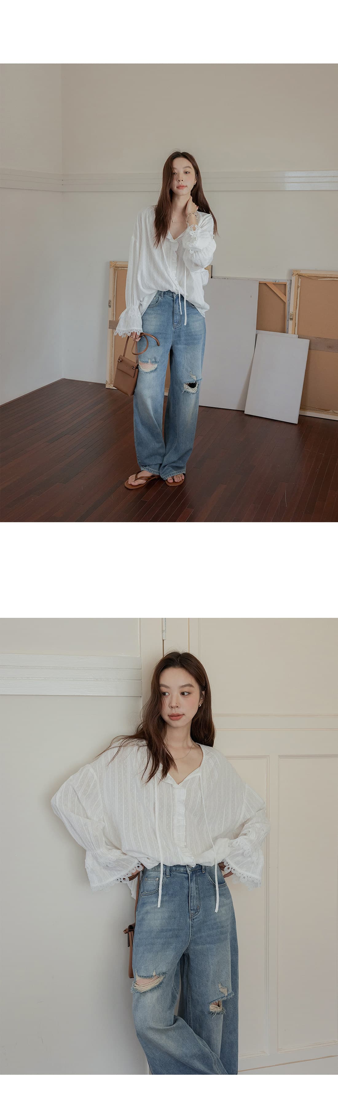 화이트 V넥 레이스 소매 풀오버 셔츠 여성 봄 여름 새로운 디자인 센스 면 100% 자카드 긴팔 셔츠 상세 이미지 7