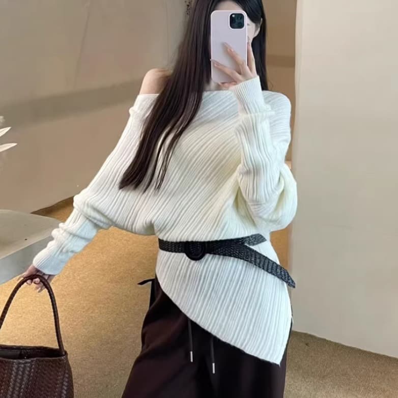 한 부서 비스듬한 어깨 니트 스웨터 여성 불규칙 오프숄더 스웨터 작은 키 자이언트 잘 생긴 ~ 중 이른 가을 맨위 여성 봄 가을