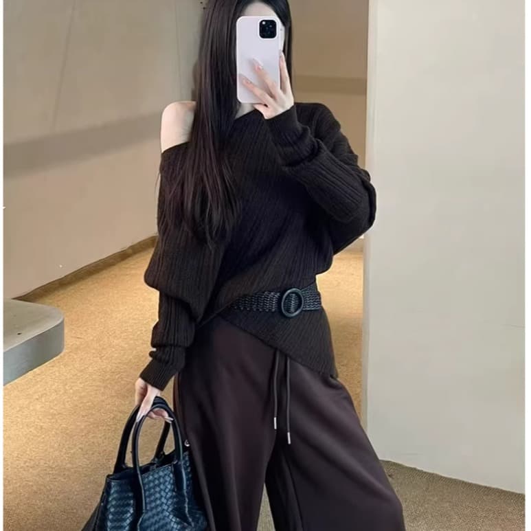 한 부서 비스듬한 어깨 니트 스웨터 여성 불규칙 오프숄더 스웨터 작은 키 자이언트 잘 생긴 ~ 중 이른 가을 맨위 여성 봄 가을 이미지 3