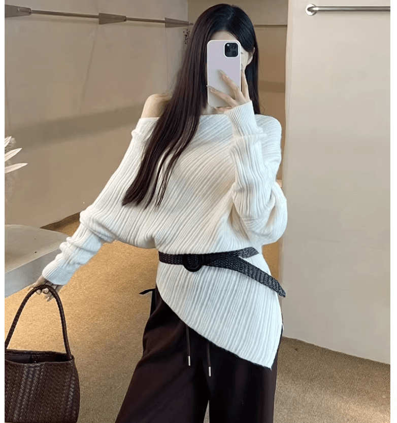 한 부서 비스듬한 어깨 니트 스웨터 여성 불규칙 오프숄더 스웨터 작은 키 자이언트 잘 생긴 ~ 중 이른 가을 맨위 여성 봄 가을 상세 이미지 2