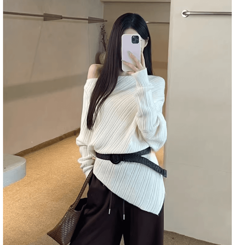 한 부서 비스듬한 어깨 니트 스웨터 여성 불규칙 오프숄더 스웨터 작은 키 자이언트 잘 생긴 ~ 중 이른 가을 맨위 여성 봄 가을 상세 이미지 3