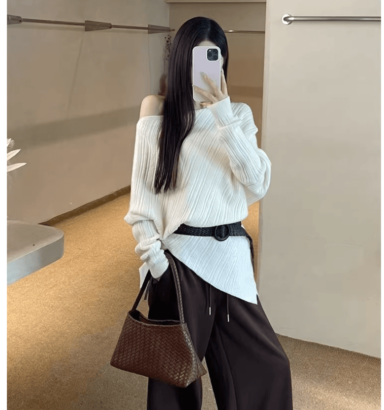 한 부서 비스듬한 어깨 니트 스웨터 여성 불규칙 오프숄더 스웨터 작은 키 자이언트 잘 생긴 ~ 중 이른 가을 맨위 여성 봄 가을 상세 이미지 4