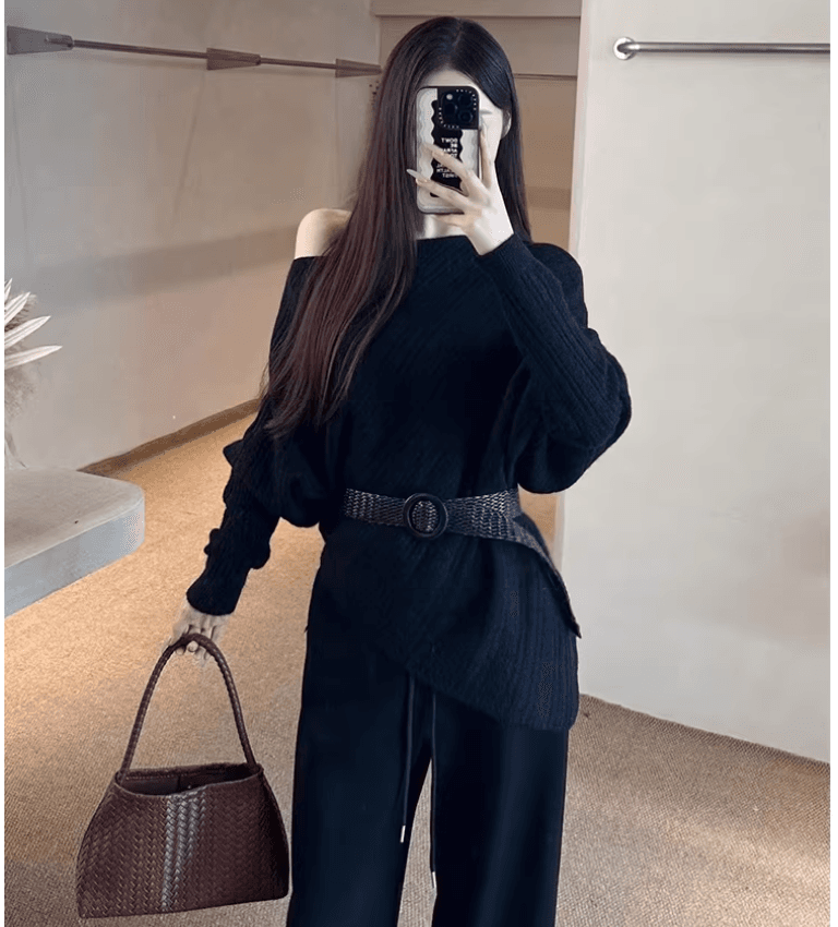 한 부서 비스듬한 어깨 니트 스웨터 여성 불규칙 오프숄더 스웨터 작은 키 자이언트 잘 생긴 ~ 중 이른 가을 맨위 여성 봄 가을 상세 이미지 5