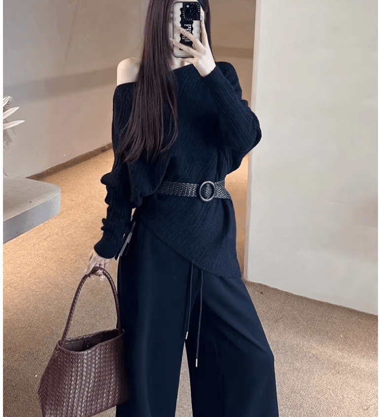 한 부서 비스듬한 어깨 니트 스웨터 여성 불규칙 오프숄더 스웨터 작은 키 자이언트 잘 생긴 ~ 중 이른 가을 맨위 여성 봄 가을 상세 이미지 6