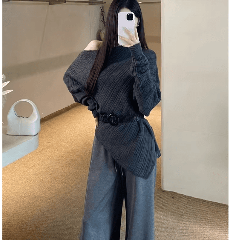 한 부서 비스듬한 어깨 니트 스웨터 여성 불규칙 오프숄더 스웨터 작은 키 자이언트 잘 생긴 ~ 중 이른 가을 맨위 여성 봄 가을 상세 이미지 7