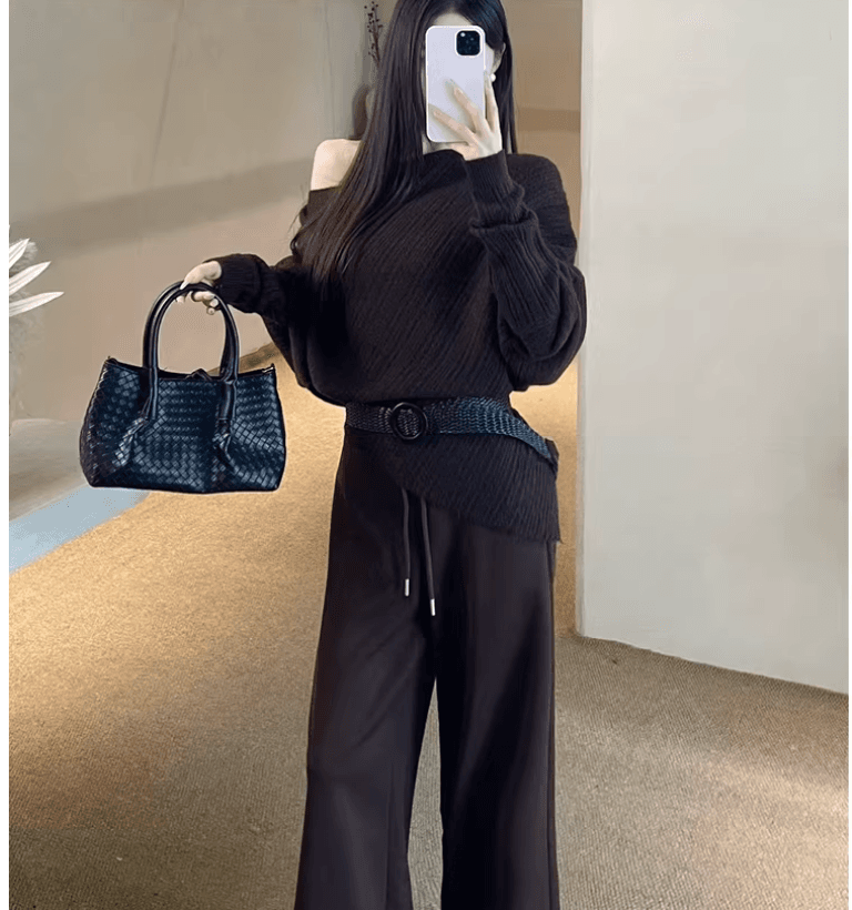 한 부서 비스듬한 어깨 니트 스웨터 여성 불규칙 오프숄더 스웨터 작은 키 자이언트 잘 생긴 ~ 중 이른 가을 맨위 여성 봄 가을 상세 이미지 9