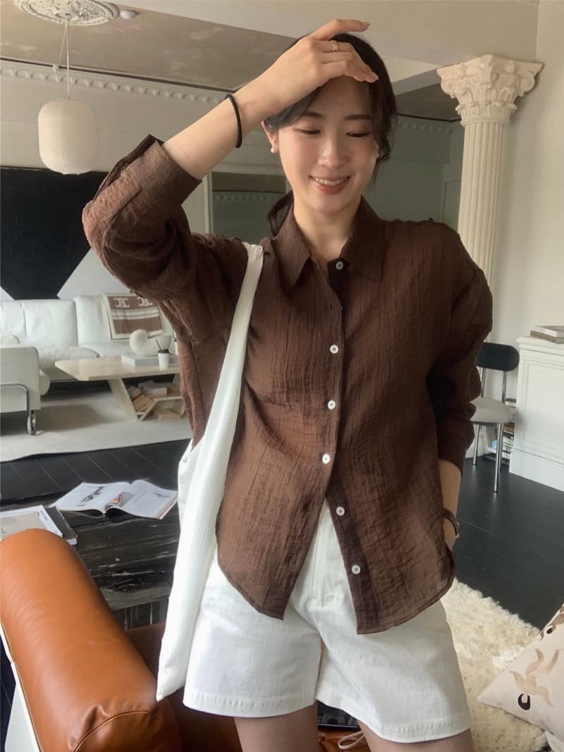 hellojune 한국 동대문 투명한 품격 유럽 니켈 브라운 싱글 줄 버튼 긴팔 자외선 차단 셔츠 이미지 2