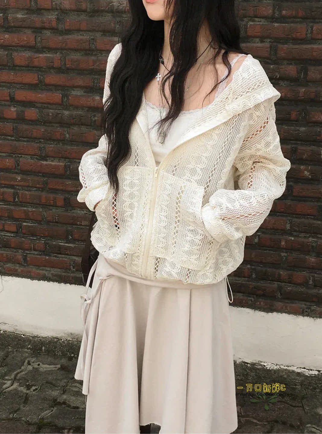 한 부서 이른 가을 레이스 시스루 니트 지퍼 후드 루즈핏 오픈 가디건 캐주얼 자외선 차단 얇은 스타일 맨위 재킷 상세 이미지 2