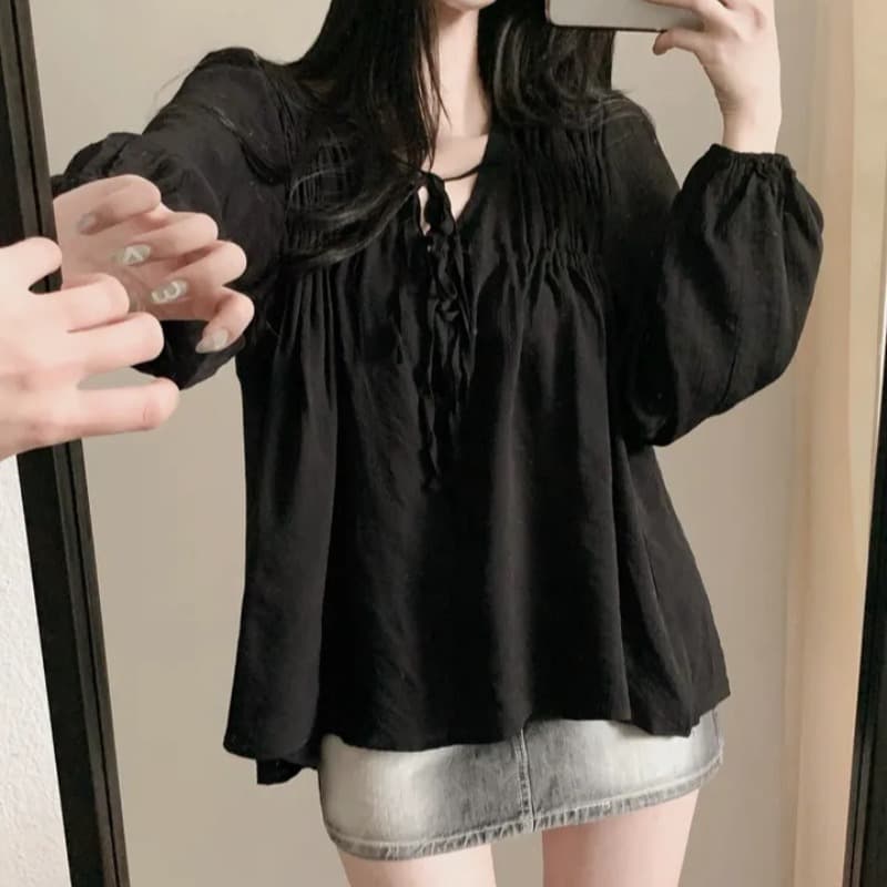 디자인 센스 V넥 주름 펌프 로프 시폰 셔츠 여성 봄 패션 큰 진자 거품 소매 셔츠 다용도 품격 맨위 이미지 5
