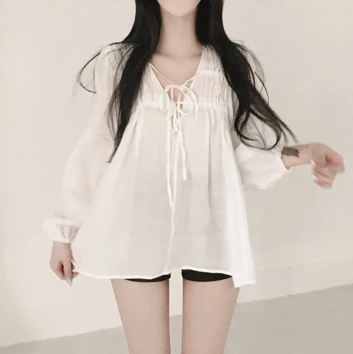 디자인 센스 V넥 주름 펌프 로프 시폰 셔츠 여성 봄 패션 큰 진자 거품 소매 셔츠 다용도 품격 맨위 상세 이미지 9