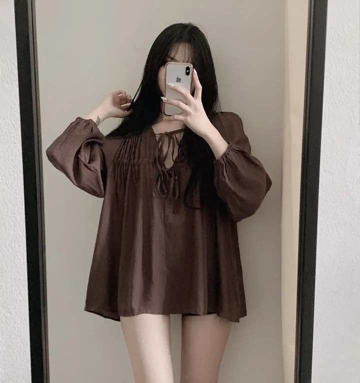 디자인 센스 V넥 주름 펌프 로프 시폰 셔츠 여성 봄 패션 큰 진자 거품 소매 셔츠 다용도 품격 맨위 상세 이미지 13