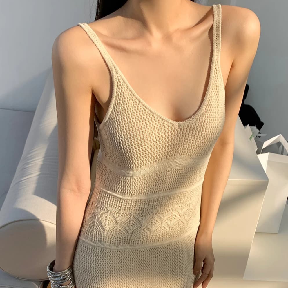 한국 품격 홀로우 아웃 레이스 V넥 니트 슬립 여성 드레스 여름 민소매 몸매 가꾸기 ol 얼음 실크 조끼 롱 스커트 이미지 5