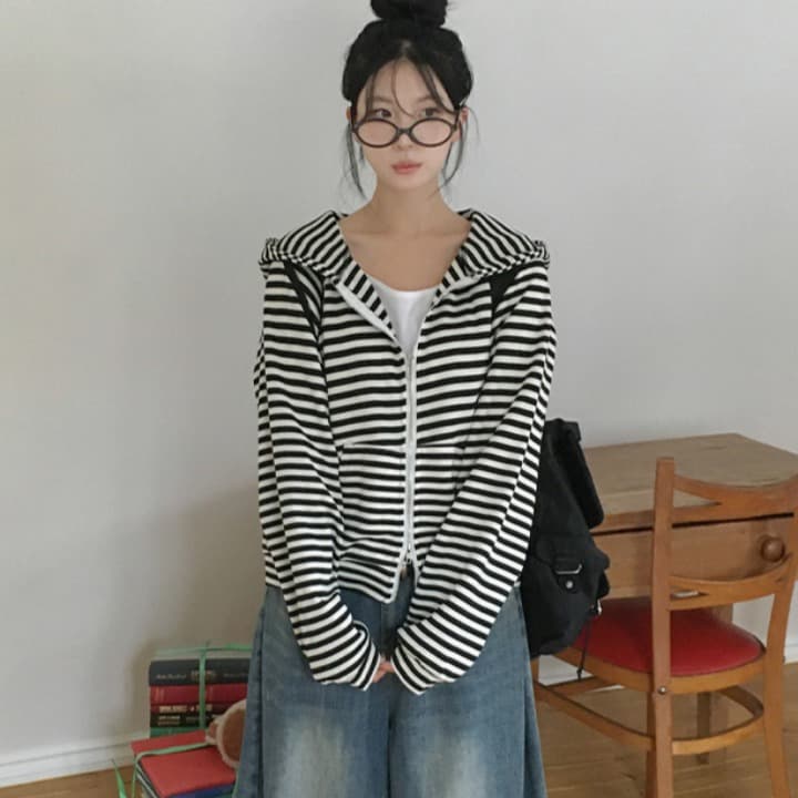 2026 가을 동대문 레트로 스트라이프 후드 티 스웨터 캐주얼 카디건 코트 이미지 3