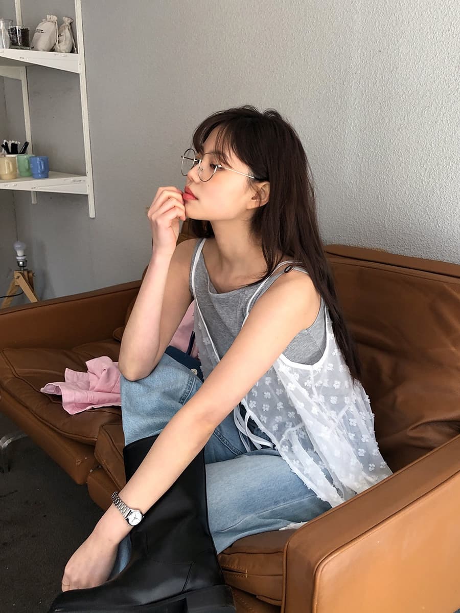 여름 ins 작은 대중 디자인 개성 단색 작은 꽃 스택 착용 망사 레이스업 슬립 맨위 상세 이미지 4