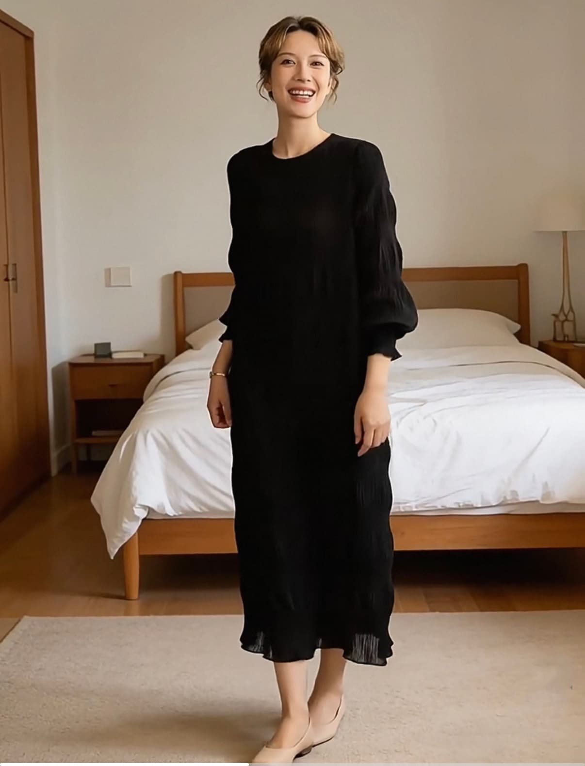한국 스타일 봄 가을 새로운 벌룬 소매 버블 쉬폰 라운드 넥 롱 코트 품격 플리츠 쉬폰 드레스 상세 이미지 2
