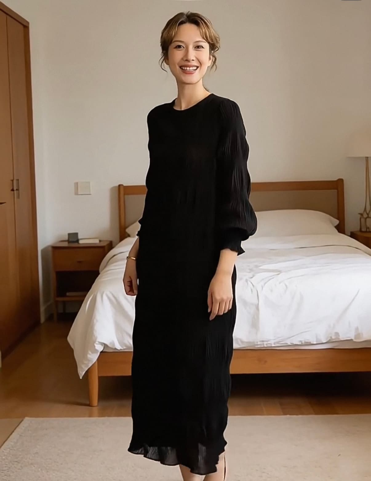 한국 스타일 봄 가을 새로운 벌룬 소매 버블 쉬폰 라운드 넥 롱 코트 품격 플리츠 쉬폰 드레스 상세 이미지 8