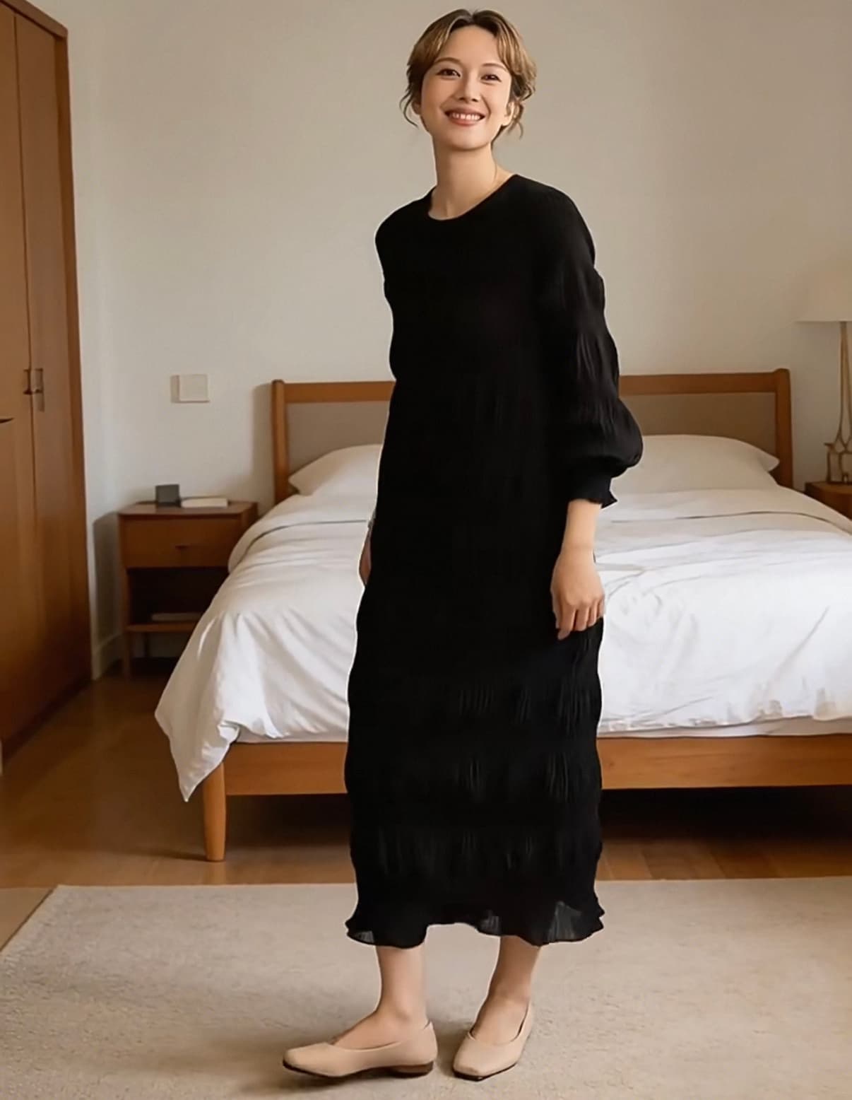 한국 스타일 봄 가을 새로운 벌룬 소매 버블 쉬폰 라운드 넥 롱 코트 품격 플리츠 쉬폰 드레스 상세 이미지 9