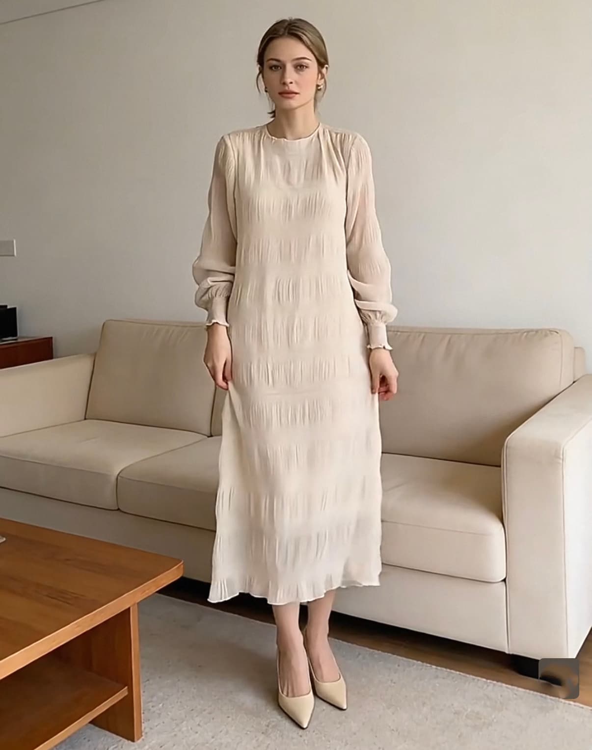 한국 스타일 봄 가을 새로운 벌룬 소매 버블 쉬폰 라운드 넥 롱 코트 품격 플리츠 쉬폰 드레스 상세 이미지 11