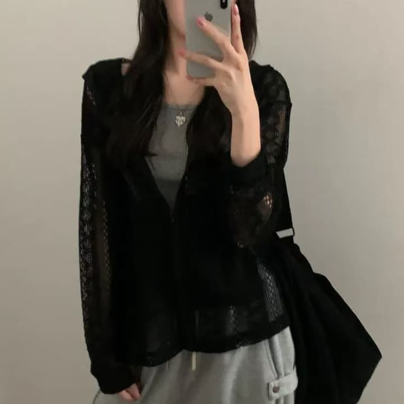 한국 스타일 chic 작은 대중 다용도 디자인 센스 자수 홀로우 아웃 루즈핏 지퍼 니트 후드 재킷 맨위 이미지 5