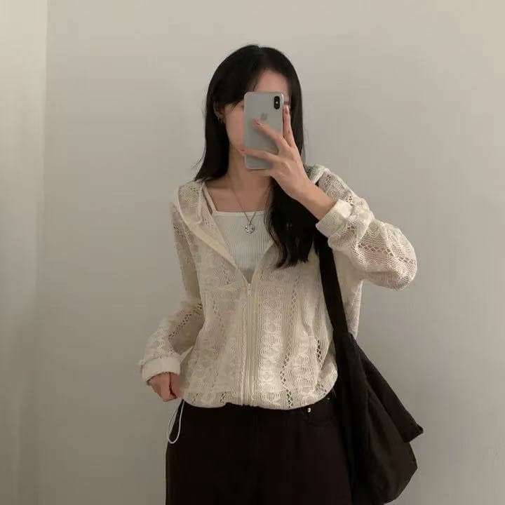 한국 스타일 chic 작은 대중 다용도 디자인 센스 자수 홀로우 아웃 루즈핏 지퍼 니트 후드 재킷 맨위 상세 이미지 2