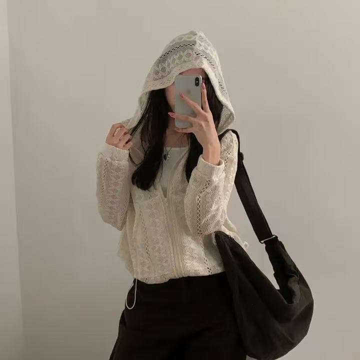 한국 스타일 chic 작은 대중 다용도 디자인 센스 자수 홀로우 아웃 루즈핏 지퍼 니트 후드 재킷 맨위 상세 이미지 3