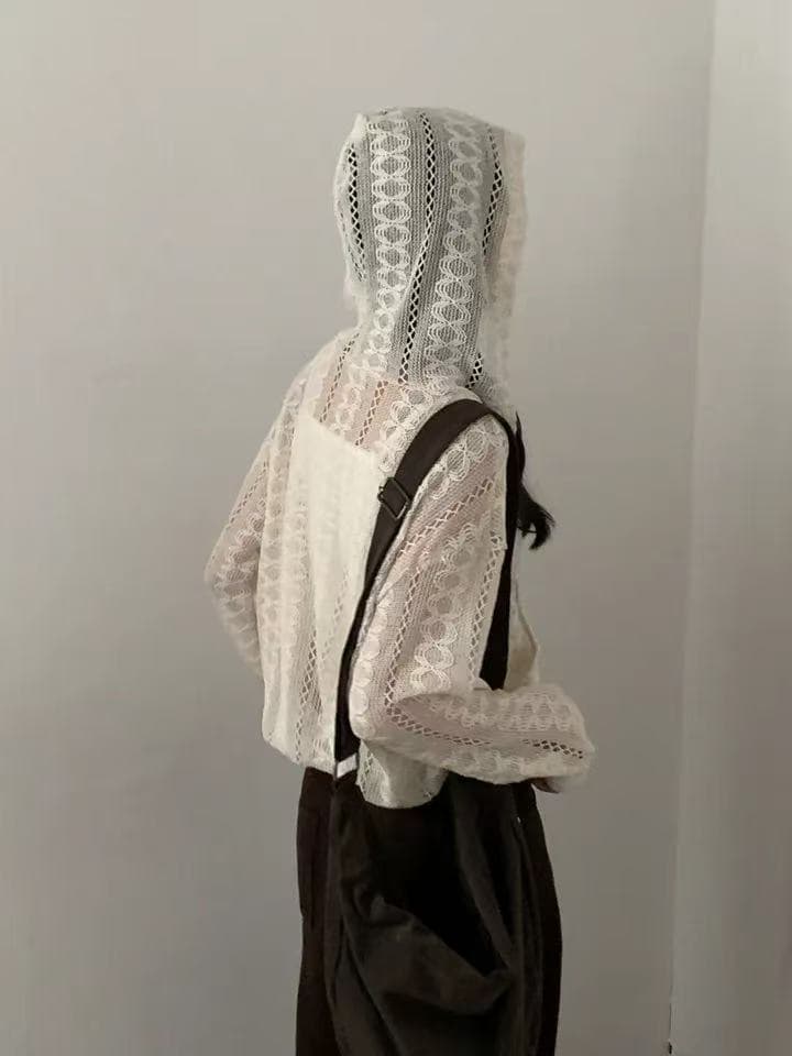 한국 스타일 chic 작은 대중 다용도 디자인 센스 자수 홀로우 아웃 루즈핏 지퍼 니트 후드 재킷 맨위 상세 이미지 5