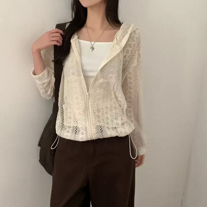 한국 스타일 chic 작은 대중 다용도 디자인 센스 자수 홀로우 아웃 루즈핏 지퍼 니트 후드 재킷 맨위 상세 이미지 7